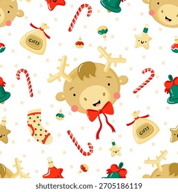 Navidades sin patrón con lindos ciervos de dibujos animados y decoraciones de vacaciones. Divertido personaje de invierno. Feliz Navidades y feliz año Nuevo Ilustración vectorial plana. 
