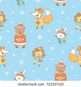 Christmas seamless pattern with cute cartoon hares, hedgehogs, foxes  in coat and snowflakes on blue  background. Winter  holiday. Funny animals in clothes. Vector image. Children's illustration.