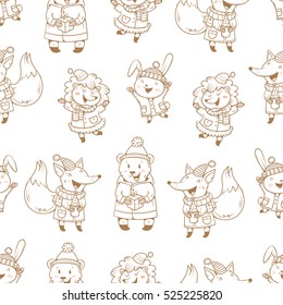 Christmas seamless pattern with cute cartoon hares, hedgehogs, foxes  in coat on white  background. Winter  holiday.  Funny animals in clothes. Vector image. Children's illustration.