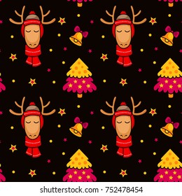 Christmas seamless pattern with cute cartoon sleepy deer and trees on dark background. Vector illustration for wrapping paper.