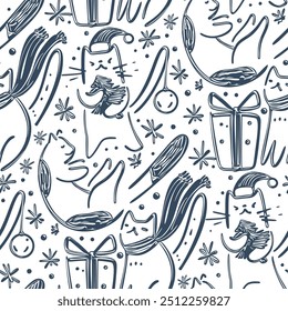 Navidades sin patrón con lindos gatos. Ilustración digital . Ilustración vectorial.