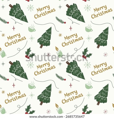 Christmas seamless pattern with cute chalk doodles and text Merry Christmas. Crayon style. 