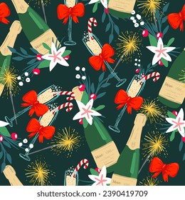 christmas seamless pattern with cute champagne, glasses, sweets design