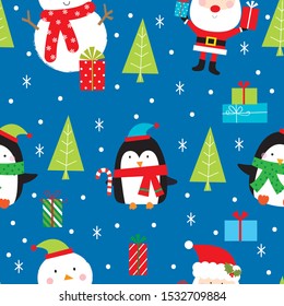 christmas seamless pattern with cute christmas character on blue background