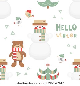 Christmas Seamless pattern - Cute Christmas Characters and Objects - Snowman, Bear, Tree, Birds. Xmas background. Vector Print for Wallpaper, Packing. Don't contain clipping mask and gradient.