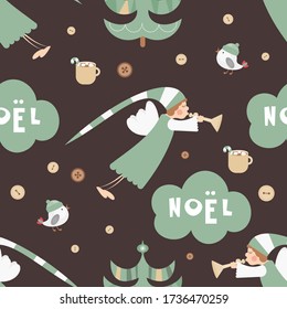 Christmas Seamless pattern - Cute Christmas Characters and Objects - Angel, Trees, Bird. Xmas retro dark background. Vector Print for Wallpaper, Packing. Don't contain clipping mask and gradient.