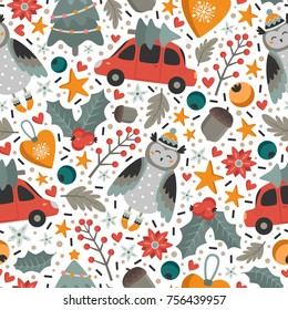 Christmas seamless pattern with cute characters on a white background