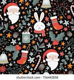Christmas seamless pattern with cute characters on a dark background