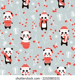 Weihnachtsnahtloses Muster mit süßer chinesischer Panda auf grauem Hintergrund für Druck- oder Verpackungsdesign, für Textilien, Tapeten, Web, Stoff