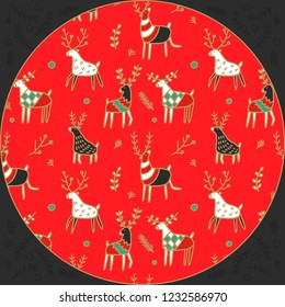 Christmas seamless pattern. Cute colorful reindeer are walking among the branches and berries. Festive print in red and gold colors. Red dish with ornament. Hand drawing illustration.