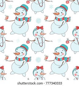 Christmas seamless pattern with cute couple snowmen and snowflake for new year's design on a white background. Lovely xmas hand drawn illustration in cartoon style.