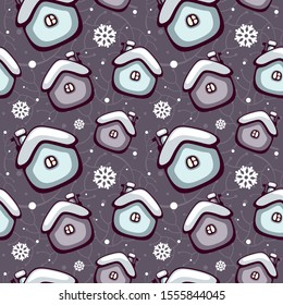 Christmas seamless pattern with cute cozy homes and snowflakes. Template for festive decoration, fabric and wrapping.