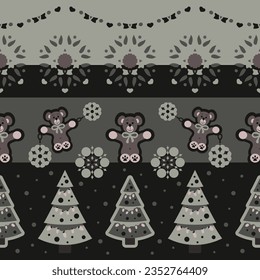 Patrón de Navidad sin Maravilla. Oso dulce y árbol de Navidad. Color gris oscuro y verde almendra. Vector.
