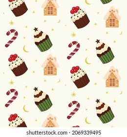 Christmas seamless pattern with cute cupcakes and candy vector background include swatch