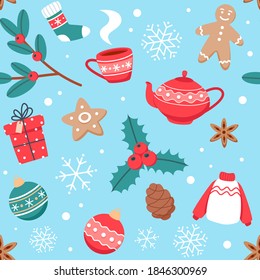 Christmas seamless pattern with cute cups, spices, ginger cookies and New Year decorations, vector illustration in flat style