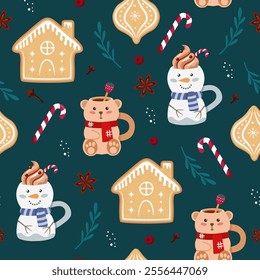 Christmas seamless pattern with cute cups with drinks, gingerbread cookies and candy canes. Cute vector illustration in cartoon style.