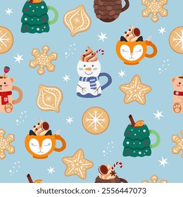 Christmas seamless pattern with cute cups with drinks, gingerbread cookies. Cute vector illustration in cartoon style.