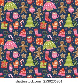 Christmas seamless pattern with cute decorations in doodle style. Vector illustration