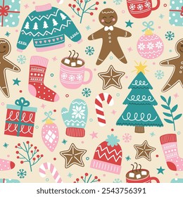 Christmas seamless pattern with cute decorations in doodle style. Vector illustration