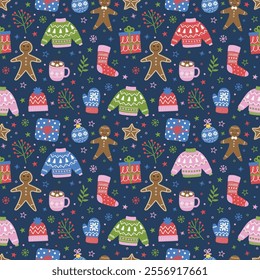 Christmas seamless pattern with cute decorations in doodle style. Vector illustration