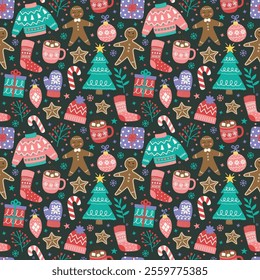 Christmas seamless pattern with cute decorations in doodle style. Vector illustration