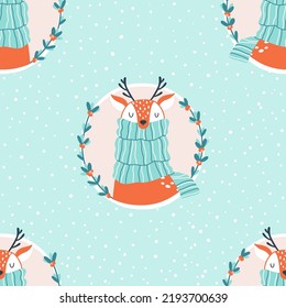 Christmas seamless pattern with a cute deer in a scarf in a round frame with a wreath. Vector doodle illustration in simple childish hand drawn cartoon scandinavian style. The limited palette.