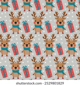Navidades sin patrón con lindos ciervos y cajas de regalo. Vector.