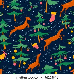 Christmas seamless pattern with cute deers in children's style. Animals jumping in pine tree winter forest, decorated with balls. Design element for seasonal backgrounds, textile and wrapping paper