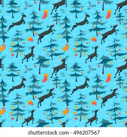 Christmas seamless pattern with cute deers in children's style. Animals jumping in pine tree winter forest, decorated with balls. Design element for seasonal backgrounds, textile and wrapping paper