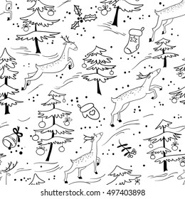 Christmas seamless pattern with cute deers in doodle style. Animals jumping in pine tree winter forest, decorated with balls. Design element for seasonal backgrounds, textile and wrapping paper