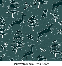 Christmas seamless pattern with cute deers in doodle style. Animals jumping in pine tree winter forest, decorated with balls. Design element for seasonal backgrounds, textile and wrapping paper