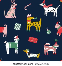 Christmas seamless pattern with cute dogs in Santa hats and scarves. Dachshund, jack russell, terrier, doberman. Textile, nursery decor, fabric, wrapping paper. Vector illustration. 