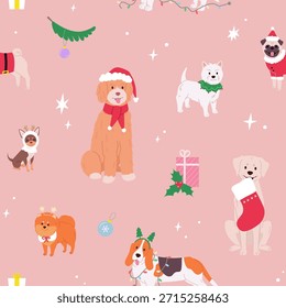Christmas Seamless Pattern with Cute Dogs in Playful Holiday Mood on Pink Background