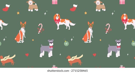 Christmas Seamless Pattern with Cute Dogs, Candy Canes, and Baubles on a Green Background