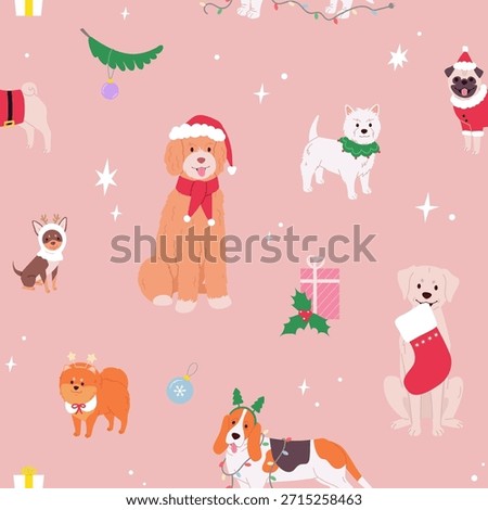 Christmas Seamless Pattern with Cute Dogs in Playful Holiday Mood on Pink Background