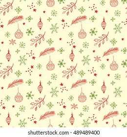 Christmas seamless pattern. Cute doodle elements snowflakes, ball, fir tree branches, holly berry and snowballs. can be used for wrapping paper, scrapbooking, print abd web design