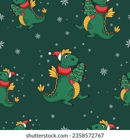 Christmas Seamless pattern. Cute dragon with Christmas tree on green background with snowflakes. Vector illustration. 2024 year dragon according to eastern calendar.