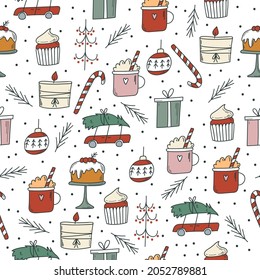 Patrón de Navidad sin fisuras con adorables elementos navideños. 