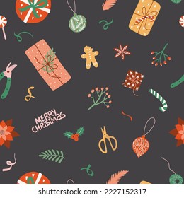 Christmas seamless pattern with cute elements. Gifts, Christmas toys, confetti, mistletoe, branches of rowan tree with berries, gingerbread man, holly leaves. For wrapping paper, textile print.
