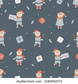 Christmas seamless pattern with cute elfs, gnomes in santa hats. Holiday design for fabrics, gift boxes, wrapping paper.
