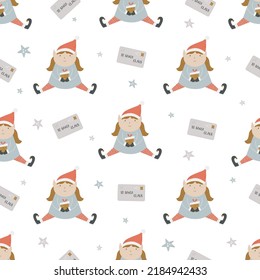 Patrón de Navidad sin fisuras con elfs lindos en sombreros santa. Diseño de vacaciones para telas, cajas de regalo, papel de envoltura.