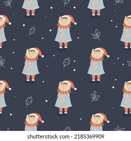 Christmas seamless pattern with cute elfs in santa hats and candy sticks. Holiday design for fabrics, gift boxes, wrapping paper.