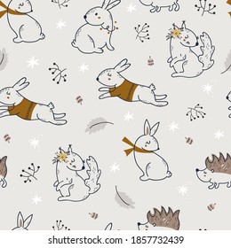 Christmas seamless pattern with cute forest animals. Vector illustration for wrapping paper and scrapbooking