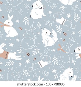 Christmas seamless pattern with cute forest animals. Vector illustration for wrapping paper and scrapbooking