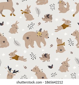 Christmas seamless pattern with cute forest animals. Vector illustration for wrapping paper and scrapbooking