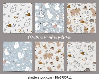 Christmas seamless pattern with cute forest animals collection. Vector illustration for wrapping paper and scrapbooking