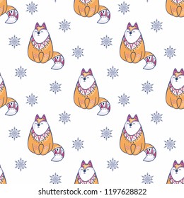 Christmas seamless pattern with cute fox. Childhood vector background in ethnic style.