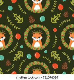 Christmas seamless pattern with cute Fox. Vector illustration