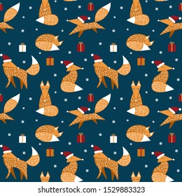 Christmas seamless pattern with cute foxes in scandinavian style. Vector illustartion.