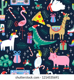Christmas seamless pattern with cute funny animals 